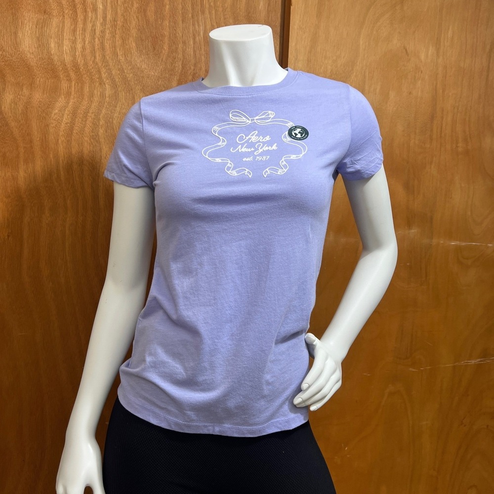 Aéropostale Classic Crew New York Ribbon Flocked Graphic T-Shirt Lavender Size M
